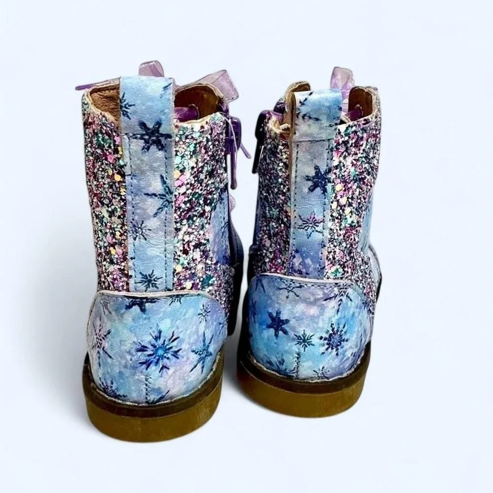 Little Penguin Shoes Kids Snowflake Glitter Lace Up Zip Boots Blue Purple 4-5Y